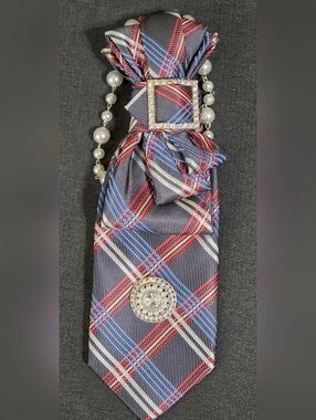 Plaid Bow Tie Pendant with Pearl Chain and Crystal Accents - White, Blue & Red